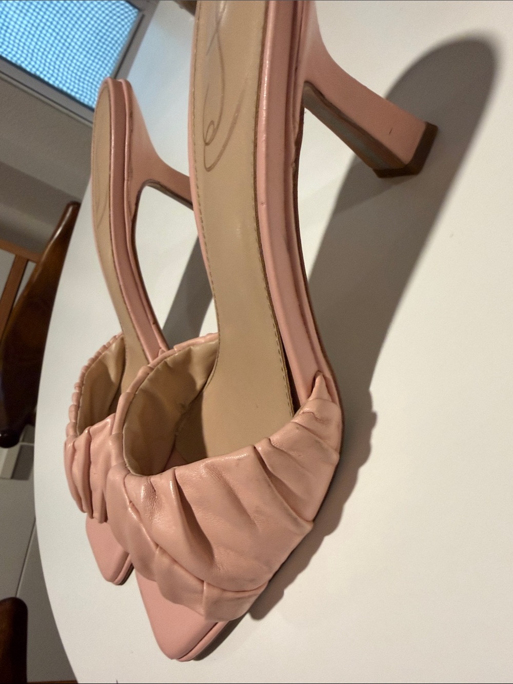 Sam Edelman Pink Ruched Square-Toe Slide Heels - Picture 3 of 4